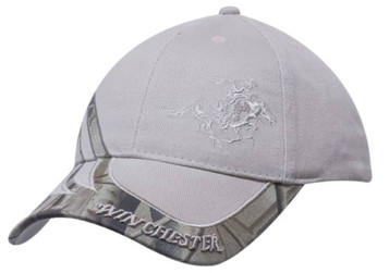 A grey cap with camouflage inserts and a logo on the front. It features a curved brim and an adjustable fit.