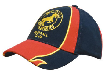 A navy and red cap featuring embroidered peaks and crown inserts, with a logo on the front. A navy and red cap featuring embroidered peaks and crown inserts, with a logo on the front.