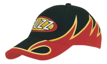 A black cap with red and yellow flame embroidery, featuring a logo on the front.