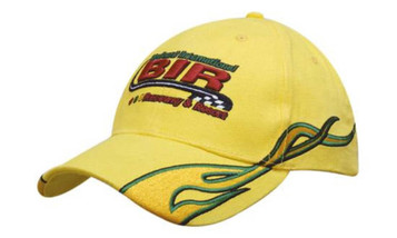 A yellow cap featuring flame embroidery on the peak and side, along with a logo.