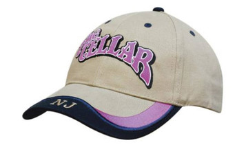 A beige cap with a peak indent, featuring embroidered text and a navy blue underside. It includes a logo.