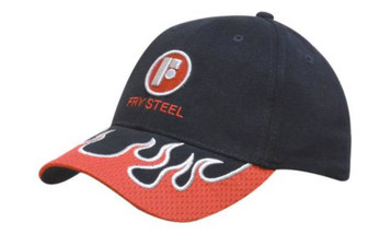 A cap featuring a black crown, red brim with flame design, and embroidered logo. Mesh detailing is visible on the peak.