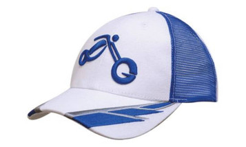 A cap featuring a white front with blue mesh, embroidered design, and bill detailing in blue.