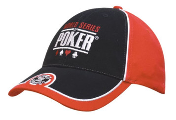A black and red cap featuring a logo and piping detail, designed with a peak indent. A black and red cap featuring a logo and piping detail, designed with a peak indent.