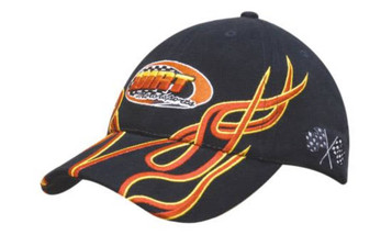 A black cap featuring flame embroidery in orange and yellow, with a logo on the front.