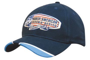 A navy blue cap with piped peak indents and a logo featuring classic car themes. A navy blue cap with piped peak indents and a logo featuring classic car themes.