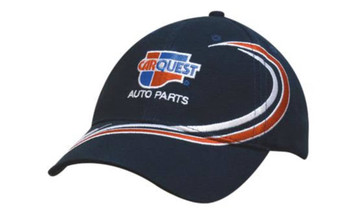 Navy cap featuring wave embroidery and a logo, designed for headwear promotion.