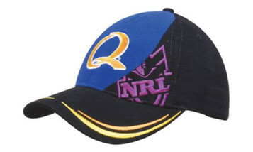 A cap featuring a brushed heavy cotton design, with blue, black, and yellow colours, and an embroidered logo.