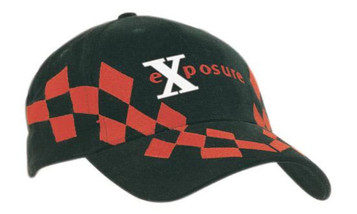 A black cap with a checked red embroidery design and a logo on the front.