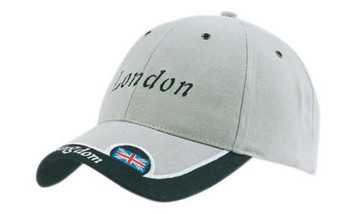 A grey cap with a trimmed peak insert and a logo, featuring the word "London" on the front.