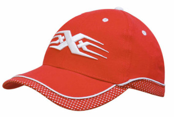 A red cap featuring a mesh trim and piping, with a logo on the front. A red cap featuring a mesh trim and piping, with a logo on the front.