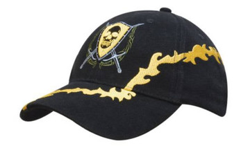A black cap featuring lightning bolt embroidery and a logo design. Ideal for adding style to casual outfits.
