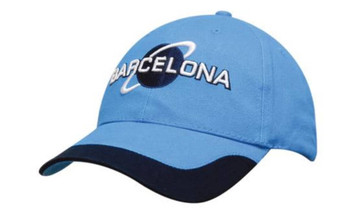 A blue cap with a peak trim, featuring a logo and the word "Barcelona" embroidered on the front.