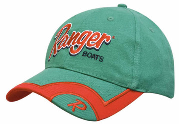 A green cap with an embroidered logo and trim in orange. It features a peak indent design. A green cap with an embroidered logo and trim in orange. It features a peak indent design.