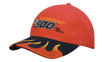 A red cap with a black brim featuring flame designs and a logo on the front.
