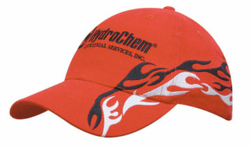 A red cap with flame embroidery on the peak and crown, featuring a logo. A red cap with flame embroidery on the peak and crown, featuring a logo.