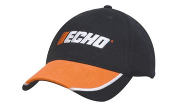 A black cap with an orange peak and white piping, featuring a logo on the front.