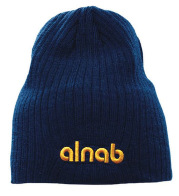 A navy blue cable knit beanie featuring a logo in yellow stitching. A navy blue cable knit beanie featuring a logo in yellow stitching.