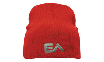 A red cable knit beanie with a logo on the front, featuring a deep and wide fit design.