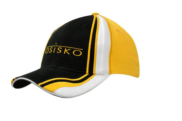 A black, yellow, and white cap featuring a logo and decorative stitching on the peak. A black, yellow, and white cap featuring a logo and decorative stitching on the peak.