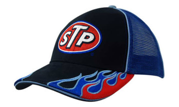 A black cap with a mesh back, blue piping, and flame embroidery on the peak, featuring a logo on the front.