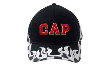A black cap featuring red embroidered text, with flame and checkered patterns on the peak. It includes a logo.