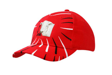A red cotton cap featuring embroidered lines on the crown and peak, with a logo on the front. A red cotton cap featuring embroidered lines on the crown and peak, with a logo on the front.