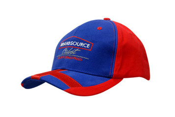 Brushed heavy cotton cap featuring a blue and red design with crown piping and peak cross embroidery. Includes a logo. Brushed heavy cotton cap featuring a blue and red design with crown piping and peak cross embroidery. Includes a logo.