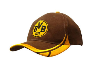 A brown cap with a yellow embroidered design and a peak, featuring a logo on the front. A brown cap with a yellow embroidered design and a peak, featuring a logo on the front.