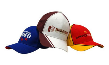 A collection of three caps featuring various colours: blue, white, maroon, red, and yellow. Each cap has a logo.
