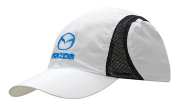 A white sports cap with a blue logo and black mesh panels, designed for outdoor activities.