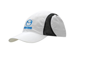 A white sports cap with a mesh side panel and a logo. Features a curved brim and lightweight microfiber material. A white sports cap with a mesh side panel and a logo. Features a curved brim and lightweight microfiber material.