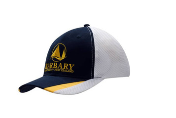 A navy and white cap with mesh inserts, featuring a logo on the front and a yellow accent on the peak. A navy and white cap with mesh inserts, featuring a logo on the front and a yellow accent on the peak.