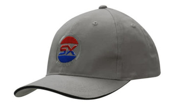 A grey cap with a structured design and a sandwich trim, featuring a logo on the front.