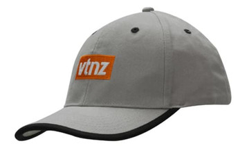 A grey cap with a peak trim and an orange logo. Suitable for casual wear or promotional events.