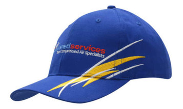 A blue cap with strike embroidery on the crown and peak, featuring a logo.