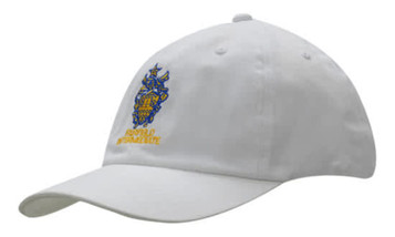 A white cap with a blue and gold logo, featuring a curved brim and adjustable strap.