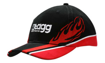 A black cap with red flames and trim on the crown and peak, featuring a logo on the front.