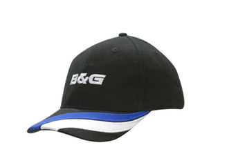 A black cap with fabric stripes in blue and white, featuring an embroidered logo on the peak.