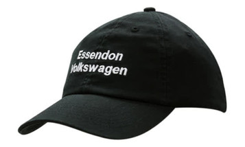 A black cap featuring white embroidery and a logo. Classic design for casual headwear.