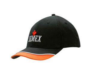 A black cap with orange trim and piping on the peak, featuring a logo on the front. A black cap with orange trim and piping on the peak, featuring a logo on the front.