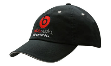 A black cap with a red and white logo, featuring sandwich trim and a back strap stripe.