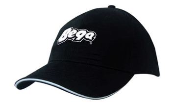 A black cap featuring a logo and sandwich trim, made from brushed heavy cotton and spandex.