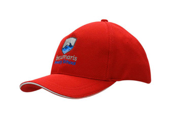 A red cap with a sandwich trim, featuring a logo on the front and a textured mesh design. A red cap with a sandwich trim, featuring a logo on the front and a textured mesh design.