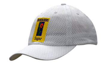 A white sports cap featuring a mesh design and a bold logo on the front.