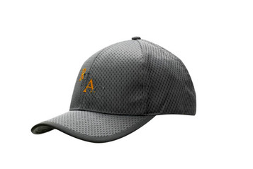 A grey waffle mesh cap with a peak and a logo on the front.