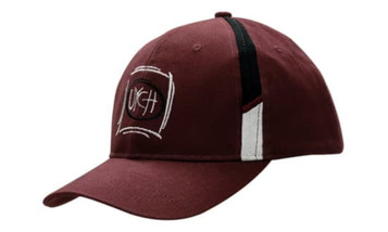 A maroon cap with a fabric insert on the crown and a logo. Features a curved brim and contrasting stitching.