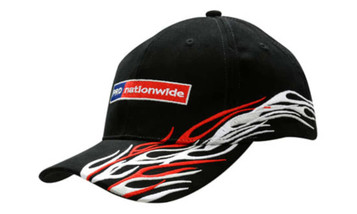 A black cap featuring flame embroidery in red and white, with a logo on the front.