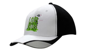 A black and white cap with a branded logo on the front and fabric inserts on the peak.