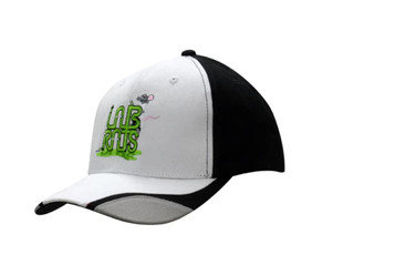 A black and white cap featuring fabric inserts on the peak and a logo on the front. A black and white cap featuring fabric inserts on the peak and a logo on the front.